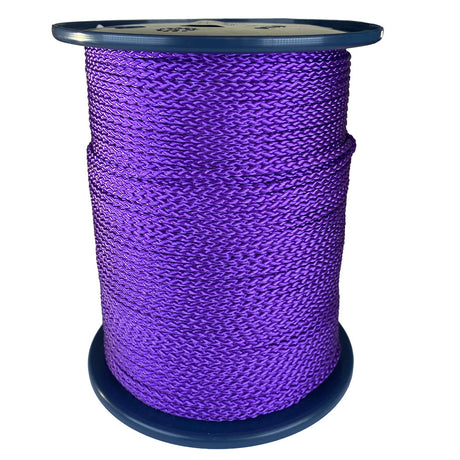 spool of 3mm purple braided cord on a plastic reel on a white background