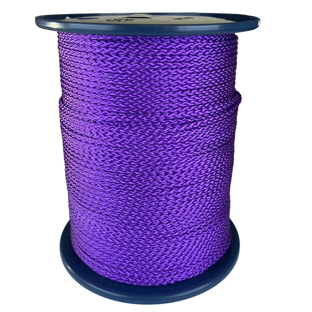 spool of 3mm purple braided cord on a plastic reel on a white background