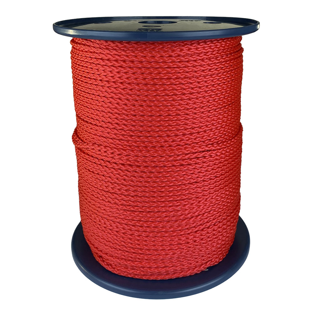 spool of 3mm red braided cord on a plastic reel on a white background