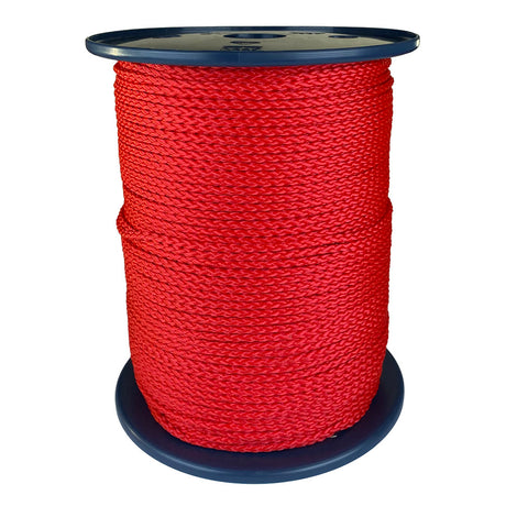 spool of 3mm red braided cord on a plastic reel on a white background