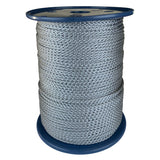 spool of 3mm silver grey braided cord on a plastic reel on a white background