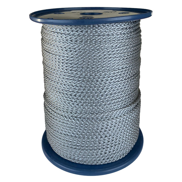 spool of 3mm silver grey braided cord on a plastic reel on a white background