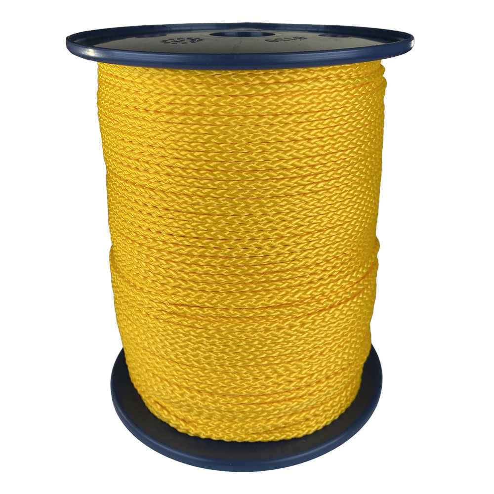 spool of 3mm yellow braided cord on a plastic reel on a white background