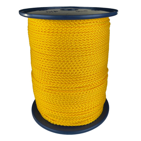 spool of 3mm yellow braided cord on a plastic reel on a white background