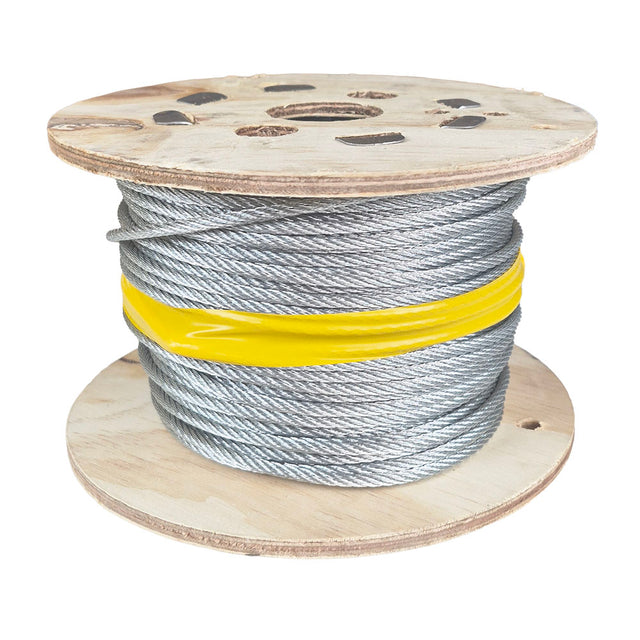Spool of 4mm steel wire rope with a yellow band on a white background