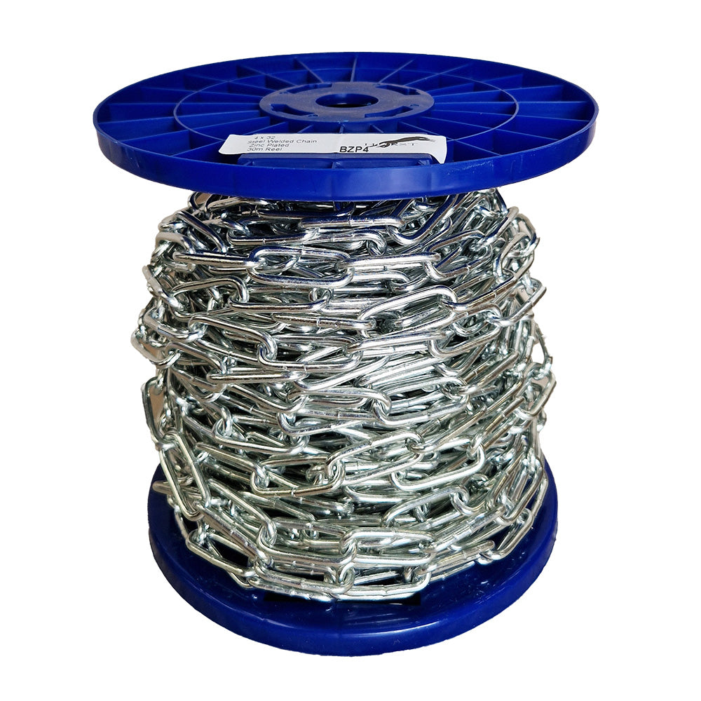 Spool of chain on a blue reel with a white background