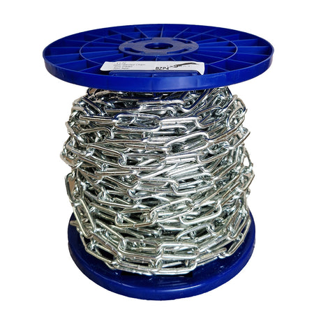 Spool of chain on a blue reel with a white background