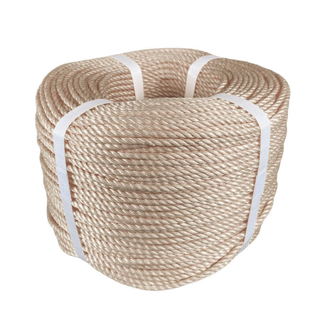 Coil of beige polypropylene rope with white banding on a white background