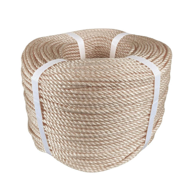 Coil of beige polypropylene rope with white banding on a white background