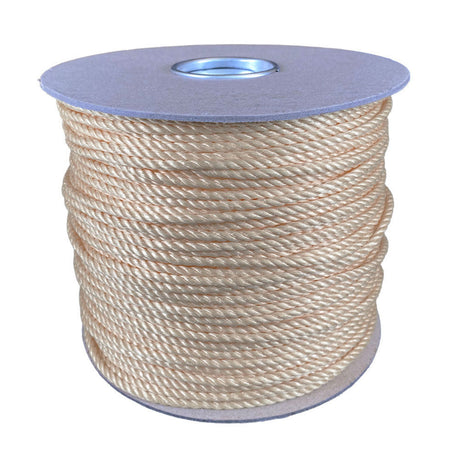 4mm beige polypropylene rope on a cardboard reel with a white background