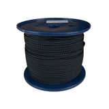 Spool of 4mm black braided polyester cord on a plastic reel with a white background