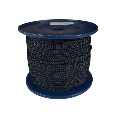Spool of 4mm black braided polyester cord on a plastic reel with a white background
