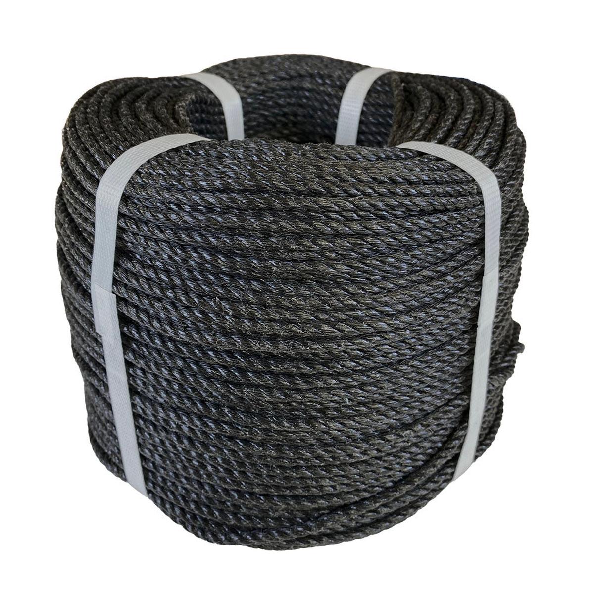 Coil of black polypropylene rope with white banding on a white background
