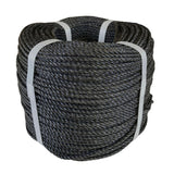 Coil of black polypropylene rope with white banding on a white background