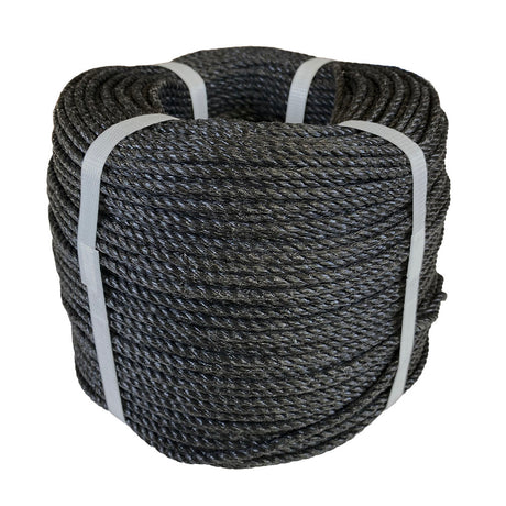 Coil of black polypropylene rope with white banding on a white background