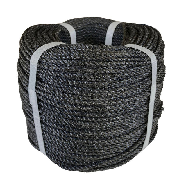 Coil of black polypropylene rope with white banding on a white background