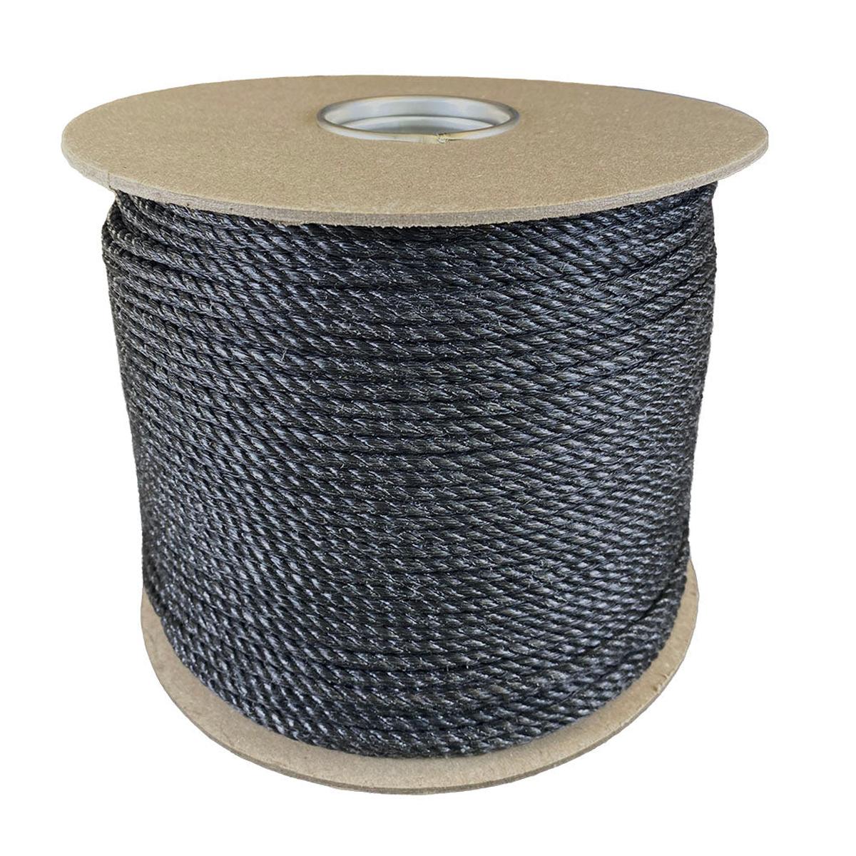 4mm black polypropylene rope on a cardboard reel with a white background
