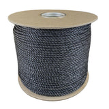 4mm black polypropylene rope on a cardboard reel with a white background