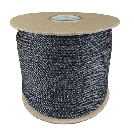 4mm black polypropylene rope on a cardboard reel with a white background