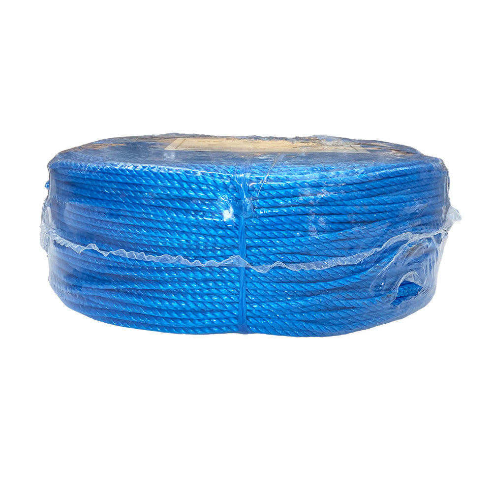 Shrink wrapped coil of 4mm blue polypropylene rope with a white background