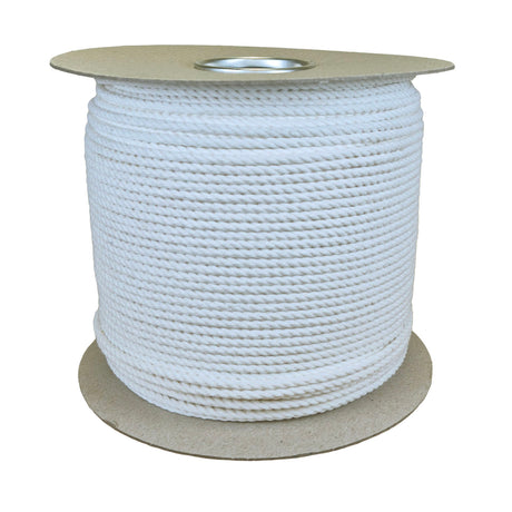 A spool of 4mm white twisted cotton rope on a plain white background.