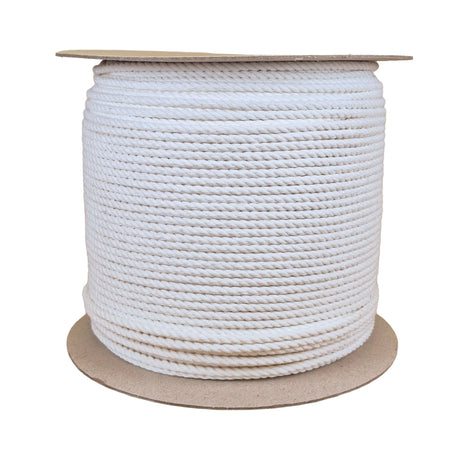 A spool of 4mm white twisted cotton rope  wound tightly on a light brown cardboard core, shown against a plain white background.