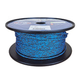 A spool of blue and black braided rope, wound around a black plastic spool with a label on top, photographed against a plain white background.