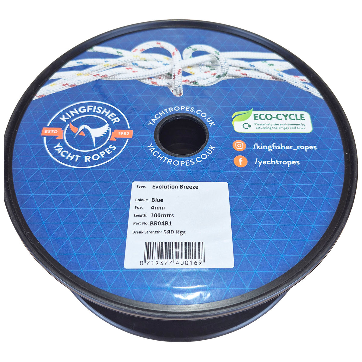 A spool of Kingfisher Yacht Ropes Evolution Breeze rope, featuring a blue printed label with product details, a barcode, and a white logo, wound around a black plastic spool.