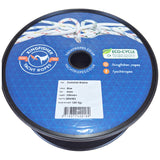 A spool of Kingfisher Yacht Ropes Evolution Breeze rope, featuring a blue printed label with product details, a barcode, and a white logo, wound around a black plastic spool.