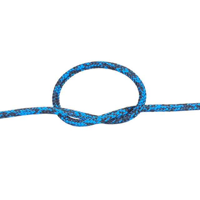 A close-up of a braided rope tied in a knot, showing a blue and black woven pattern against a solid white background.