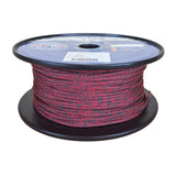A spool of red and black braided rope, wound around a black plastic spool with a label on top, photographed against a plain white background.
