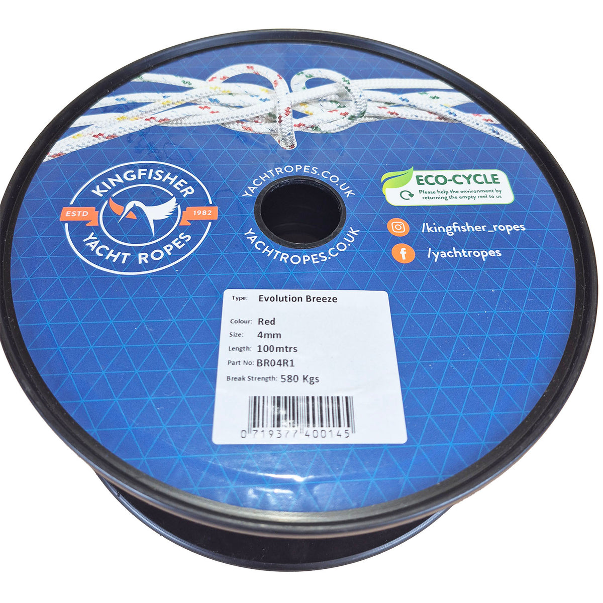 A spool of Kingfisher Yacht Ropes Evolution Breeze rope, featuring a blue printed label with product details, a barcode, and a white logo, wound around a black plastic spool.
