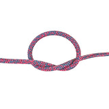 A close-up of a red and black braided rope tied in a loop with a knot in the center, shown against a plain white background.