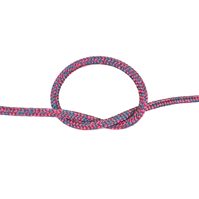 A close-up of a red and black braided rope tied in a loop with a knot in the center, shown against a plain white background.