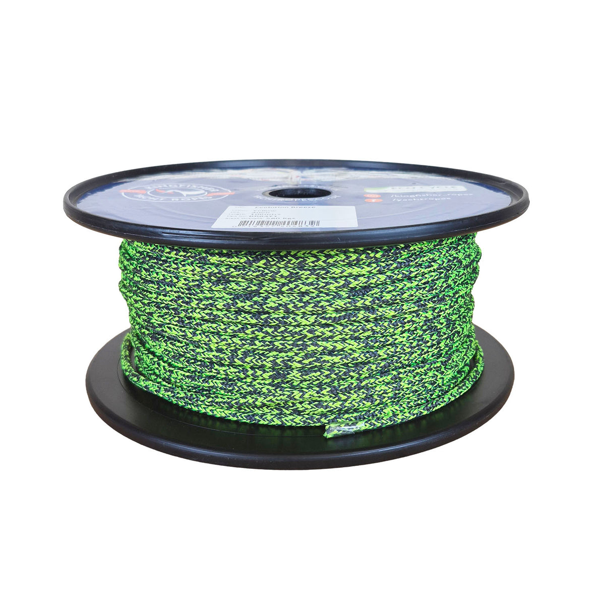 A spool of yellow and black braided rope, wound around a black plastic spool with a label on top, photographed against a plain white background.