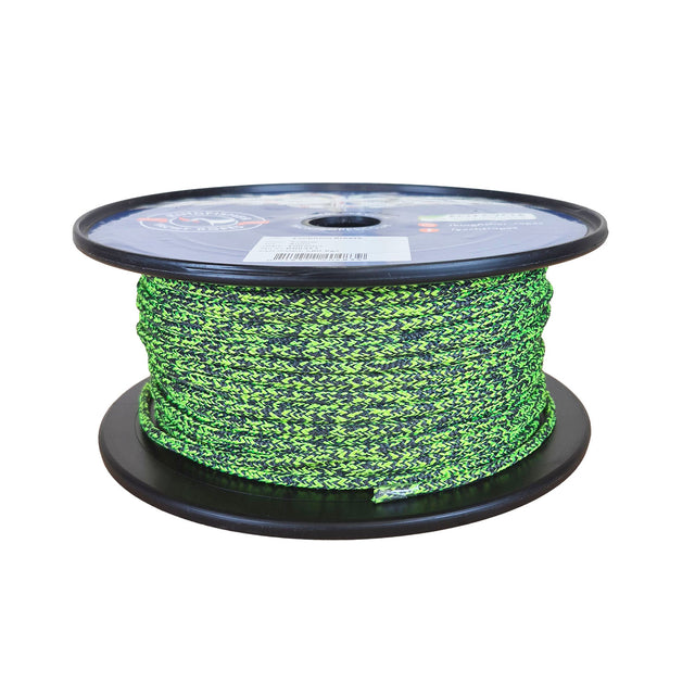 A spool of yellow and black braided rope, wound around a black plastic spool with a label on top, photographed against a plain white background.