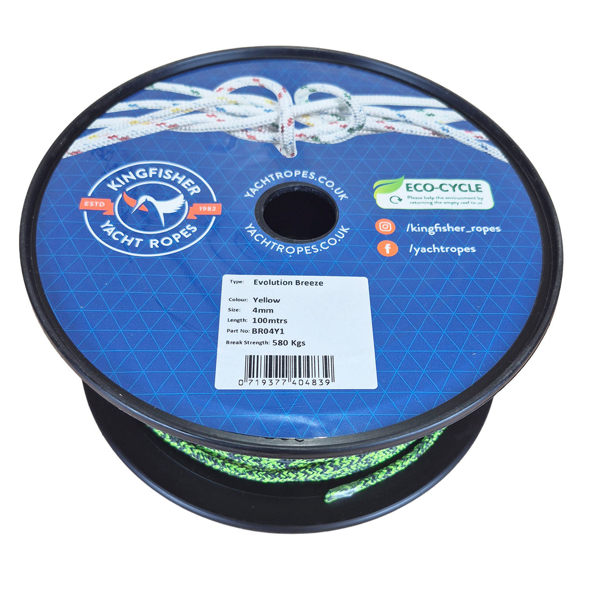 A spool of Kingfisher Yacht Ropes Evolution Breeze rope, featuring a blue printed label with product details, a barcode, and a white logo, wound around a black plastic spool.