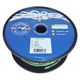 A spool of Kingfisher Yacht Ropes Evolution Breeze rope, featuring a blue printed label with product details, a barcode, and a white logo, wound around a black plastic spool.