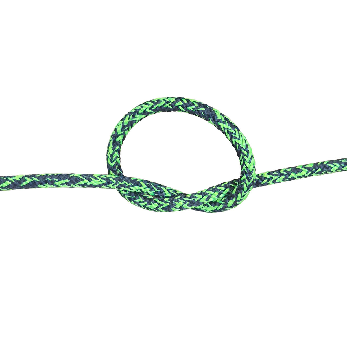 A close-up of a braided rope tied in a knot, showing a yellow and black woven pattern against a solid white background.