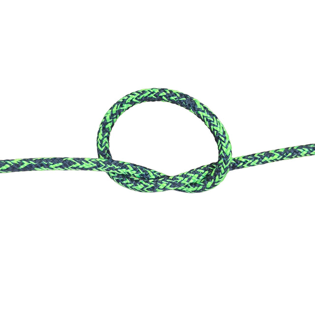 A close-up of a braided rope tied in a knot, showing a yellow and black woven pattern against a solid white background.