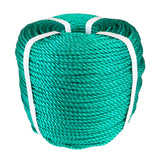 Coil of green polypropylene rope with white banding on a white background