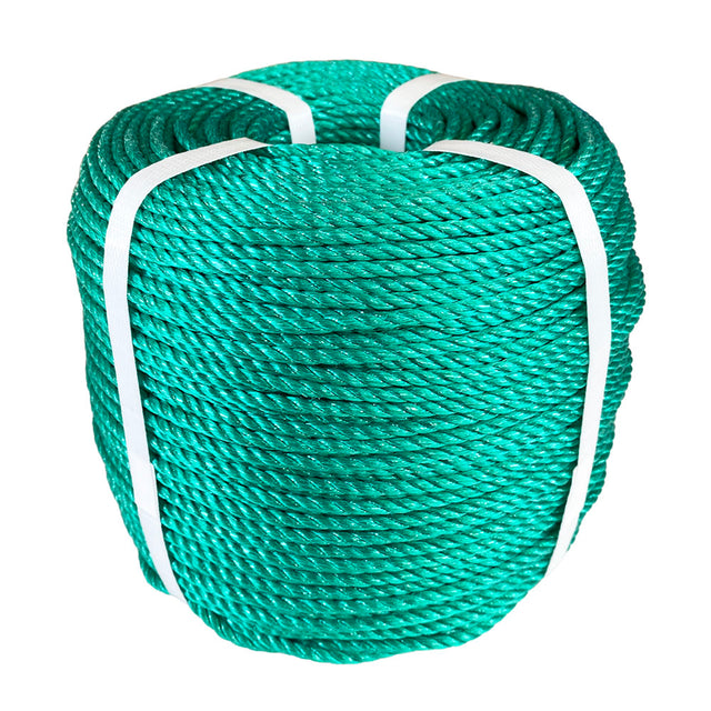 Coil of green polypropylene rope with white banding on a white background