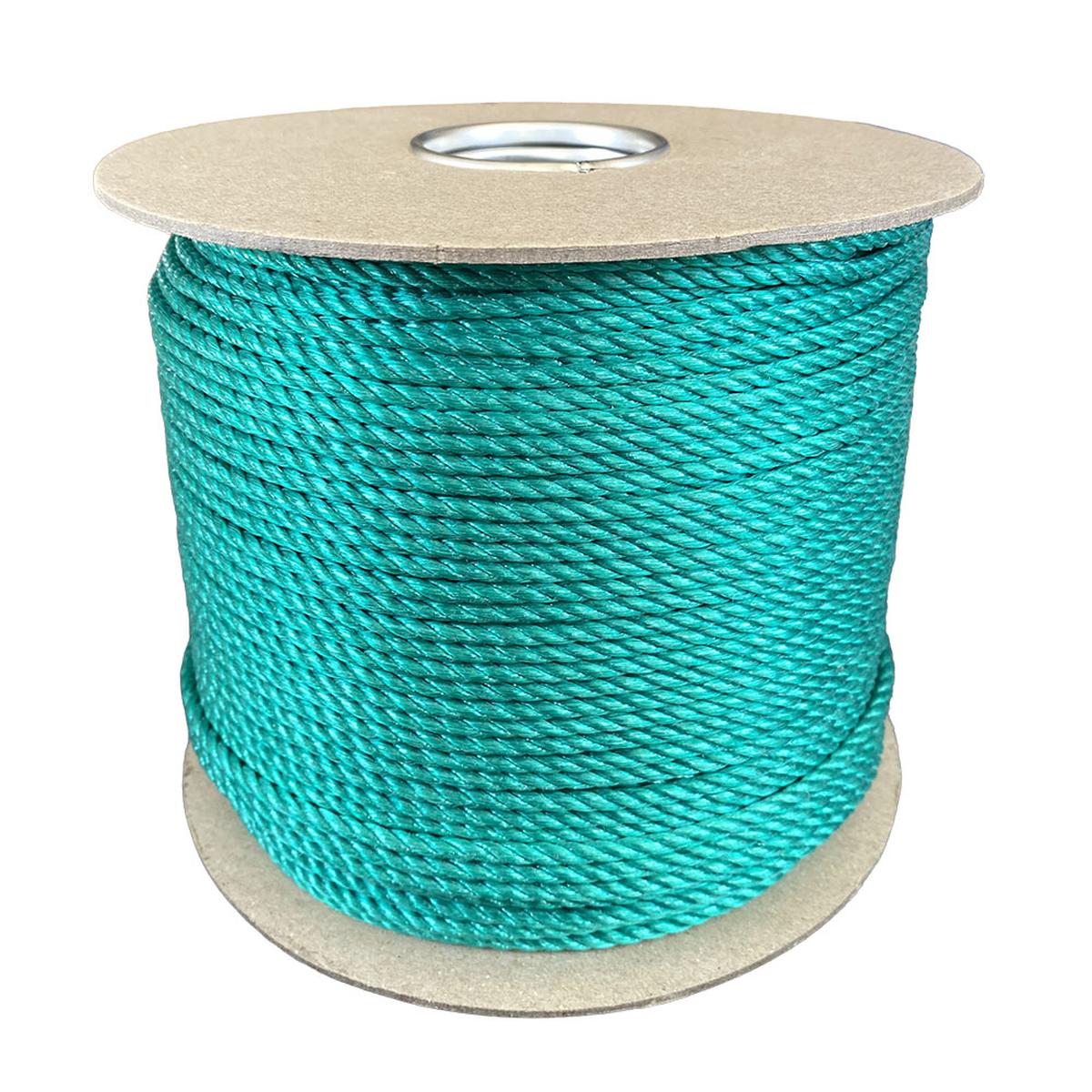 4mm green polypropylene rope on a cardboard reel with a white background