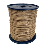 Spool of 4mm brown jute rope on a pastic reel with a white background