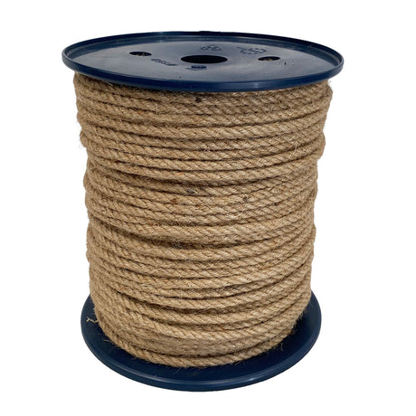 Spool of 4mm brown jute rope on a pastic reel with a white background