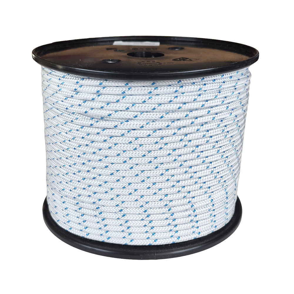 Spool of white rope with blue accents on a black spool against a white background