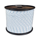 Spool of white rope with blue accents on a black spool against a white background