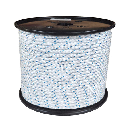 Spool of white rope with blue accents on a black spool against a white background