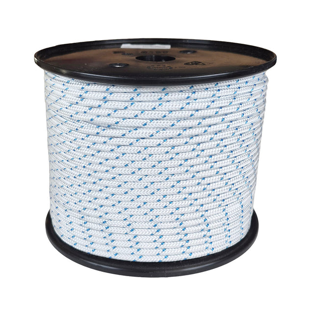 Spool of white rope with blue accents on a black spool against a white background
