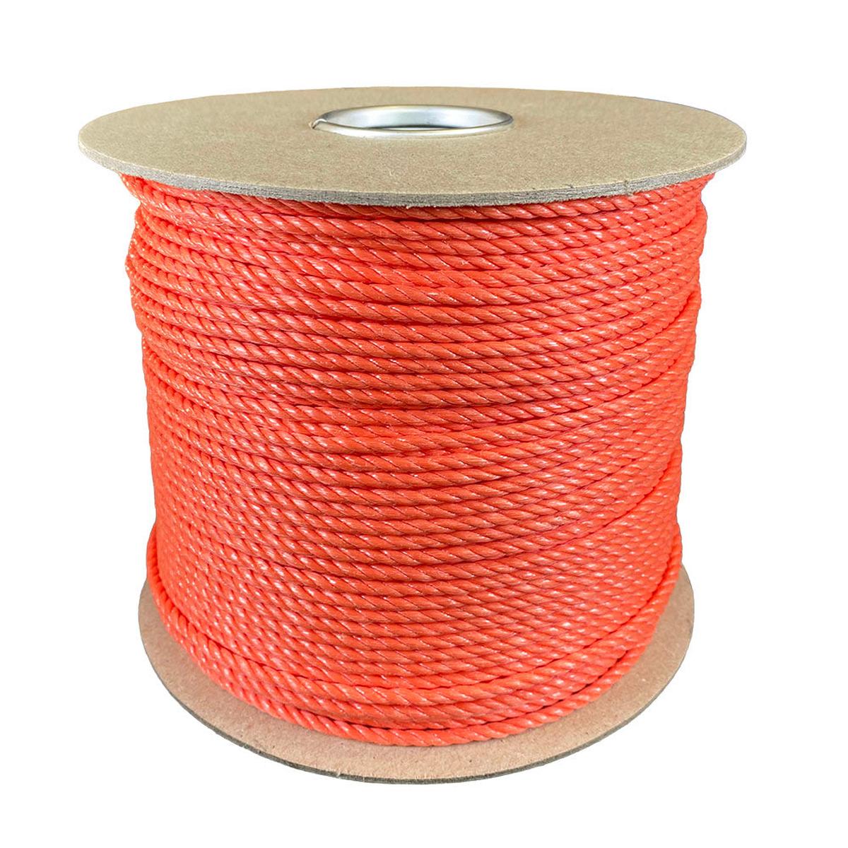 4mm orange polypropylene rope on a cardboard reel with a white background